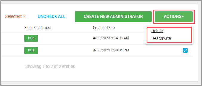 Control Center Administrator Bulk Actions